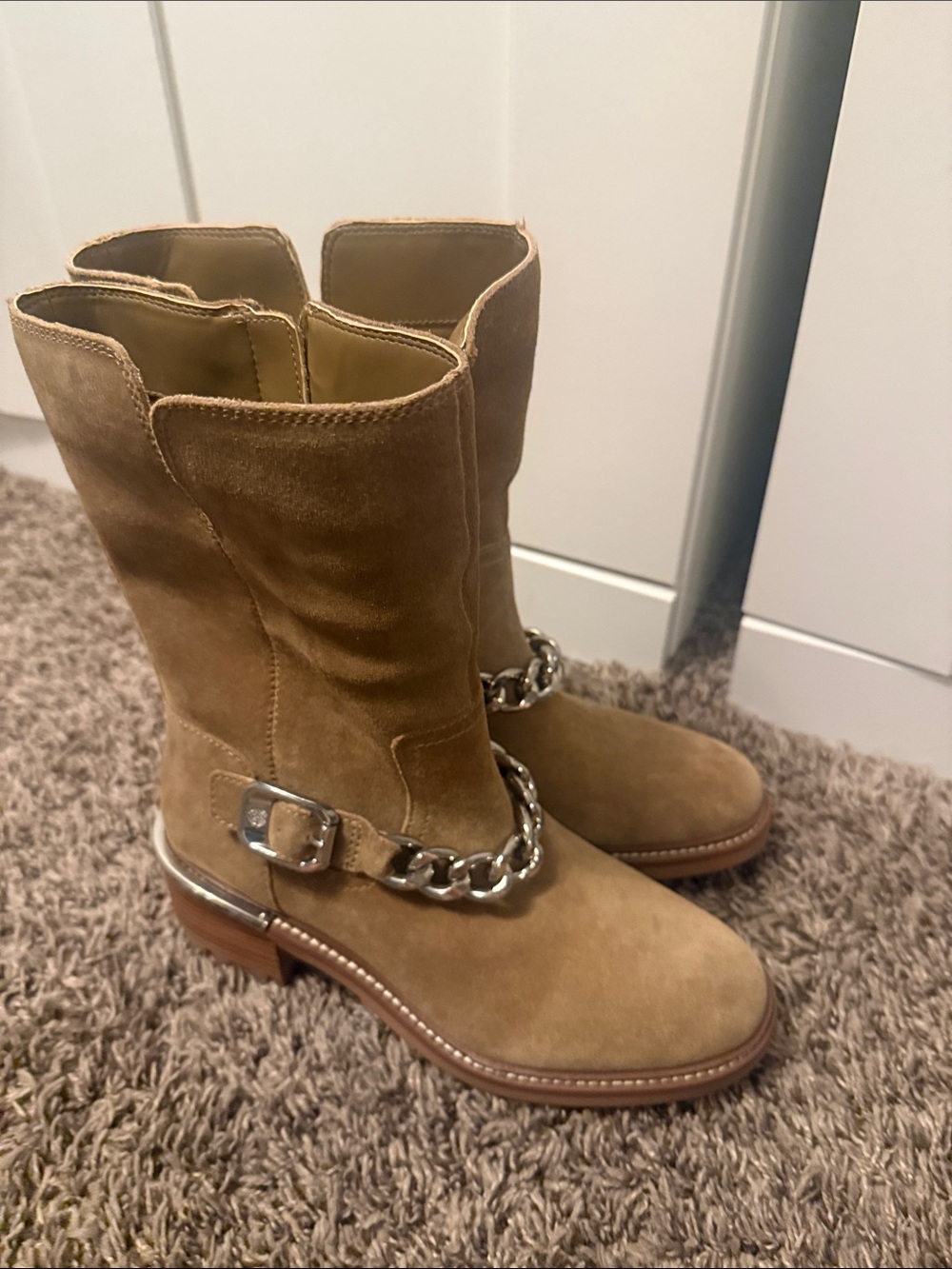 Vince camuto Suede Mid-Calf Chain Detail Boots in Tan